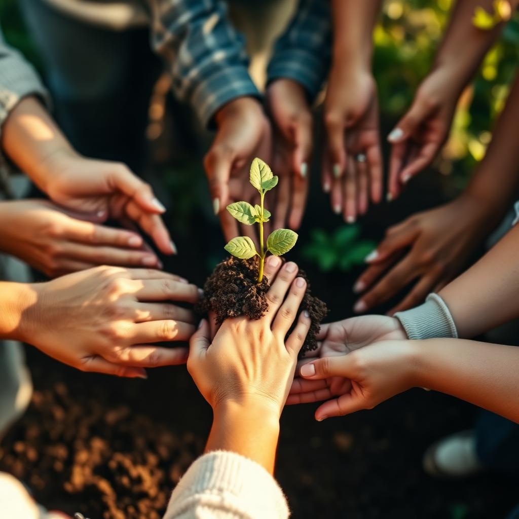Hands holding a seedling