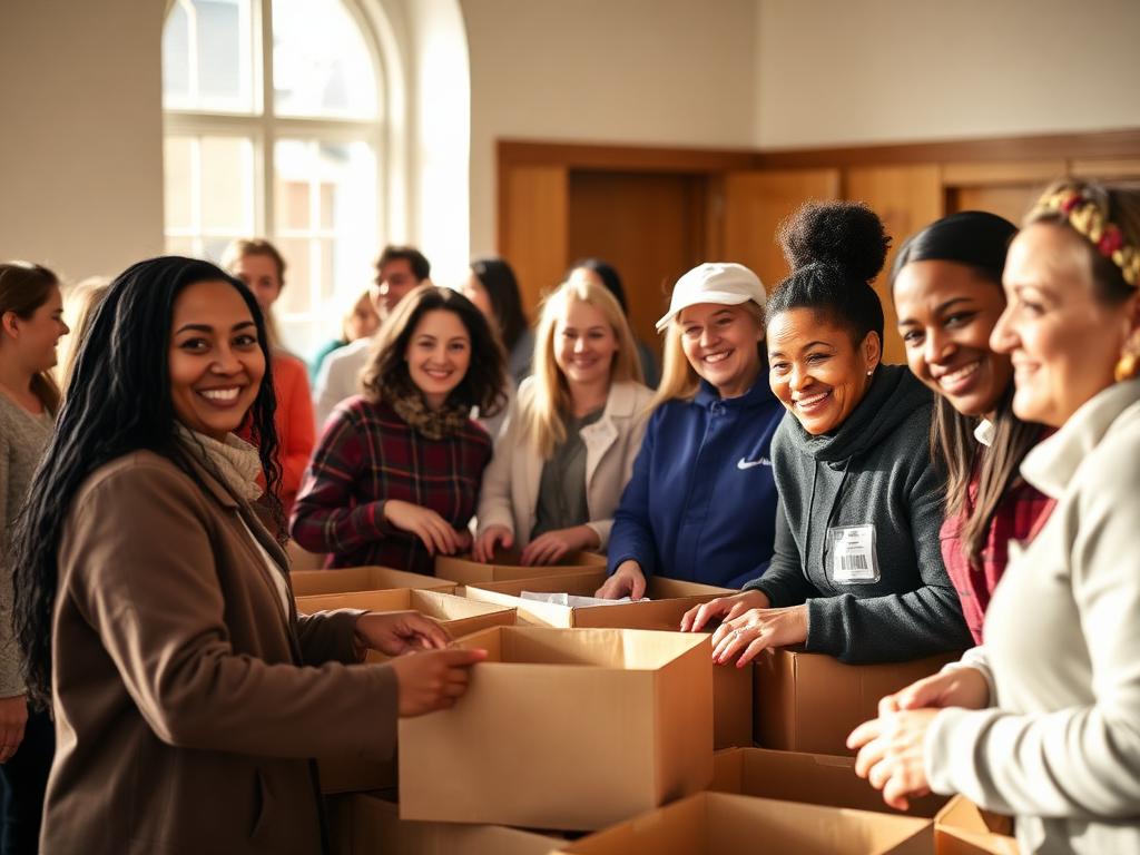 Volunteers packing donation boxes together